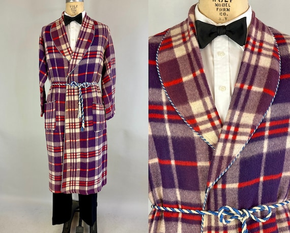 1920s Cozy Cabin Robe | Vintage 20s Purple White and Red Plaid Flannel Lounge Jacket with Blue & White Rope Trim and Belt | Medium Large XL