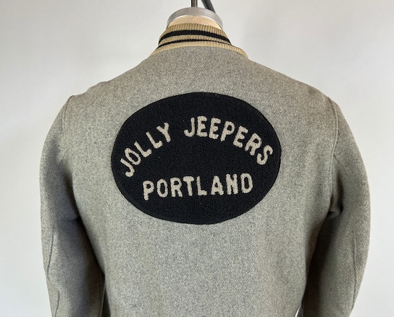 1950s “Jolly Jeepers” Letterman Jacket | Vintage 50s Grey and Black Wool Two-Tone Snap Up Car Club Collegiate Coat w/Striped Knit | Medium