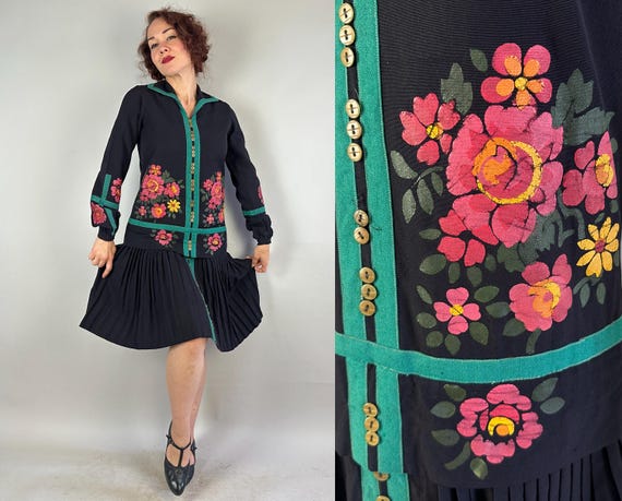 1920s Artsy Annabelle Frock | Vintage Antique 20s Black Wool Faille Day Dress with Hand Painted Pink & Yellow Flowers and Teal Trim | Small