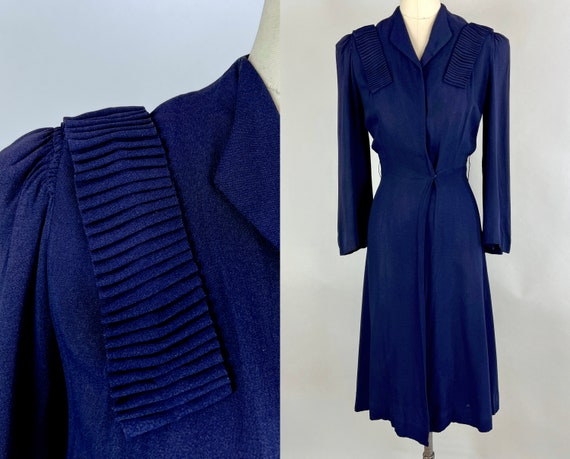 1930s Slip In A Snap Wrap Dress | Vintage 30s Navy Blue Rayon Crepe Puff Bell Sleeve Frock with Cartridge Pleated Yoke | Extra Small XS