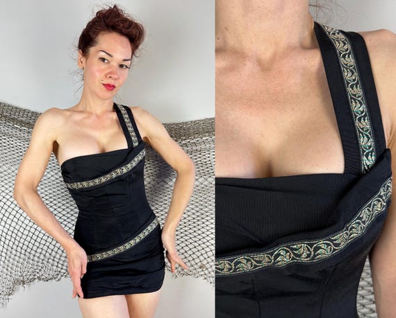 1950s Bombshell Bathing Suit | Vintage 50s Black Faille Swimsuit w/Gold and Green Metallic Vine Trim & Asymmetric Strap | Small Extra Small
