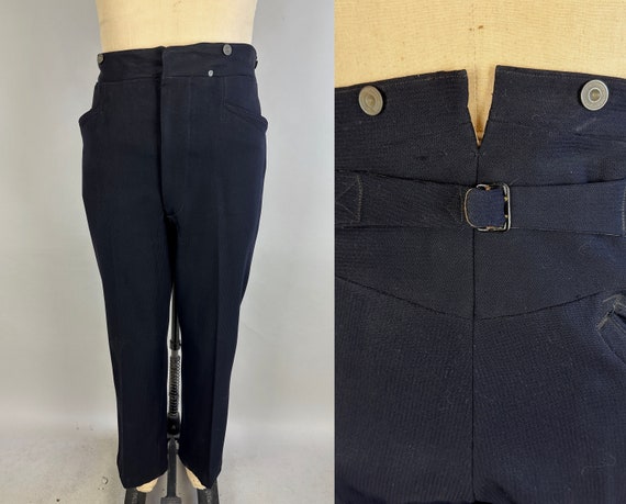 1910s Fastidious Frank Trousers | Vintage Antique Edwardian Teens Black Wool Pants with Belted Buckle Back & Fishtail | 40x29 Extra Large XL