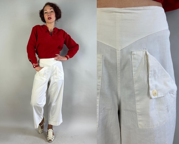 1930s Nautical Nancy Pants | Vintage 30s White Cotton Casual Chic Trousers Togs with Double Side Buttons and Flap Pockets | Extra Large XL