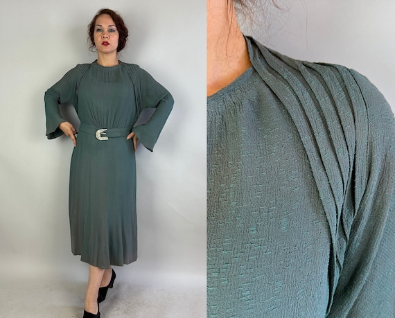 1930s Frannie's "FOGA"  Frock | Vintage 30s Sage Green Slubby Rayon Ultra Deco Dress with Bell Sleeves and Rhinestone Belt | Extra Large XL