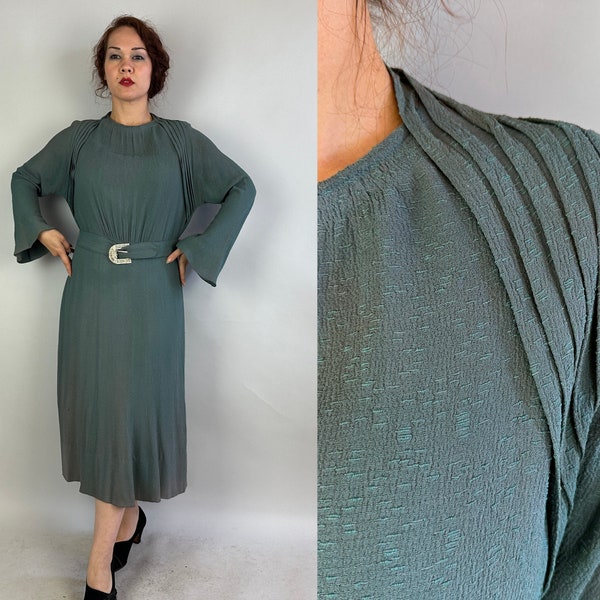 1930s Frannie's "FOGA"  Frock | Vintage 30s Sage Green Slubby Rayon Ultra Deco Dress with Bell Sleeves and Rhinestone Belt | Extra Large XL