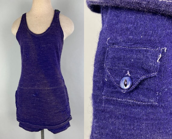 1920s Purple Passion Swimsuit | Vintage 20s Eggplant Wool with White Top Stitching One Piece Bathing Suit with Hidden Pocket | Small Medium
