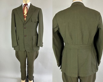 1940s Prince of Wales Riding Suit | Vintage 40s Green w/Orange Mottling Wool Belted Action Back Jacket & Jodhpurs Dated 1942!| Size 42 Large