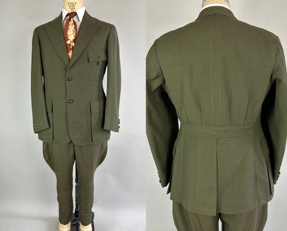 1940s Prince of Wales Riding Suit | Vintage 40s Green w/Orange Mottling Wool Belted Action Back Jacket & Jodhpurs Dated 1942!| Size 42 Large