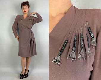 1940s Flashy Feathers Frock | Vintage 40s Taupe Rayon Crepe Cocktail Dress with Black and Silver Beads and Hip Swag | Large/Extra Large XL