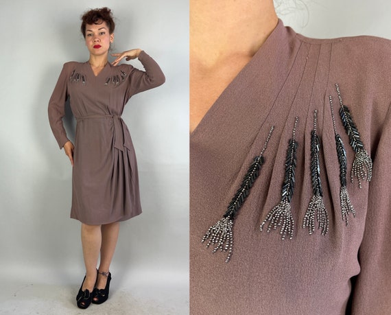 1940s Flashy Feathers Frock | Vintage 40s Taupe Rayon Crepe Cocktail Dress with Black and Silver Beads and Hip Swag | Large/Extra Large XL