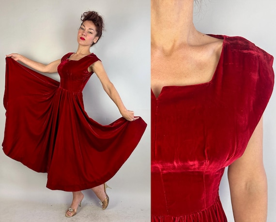 1950s Velvet Vixen Dress | Vintage 50s Plush Red Rayon Velvet Holiday Frock with Super Full Skirt and Notched Neckline | Extra Small XS