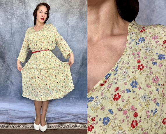 1940s Wildflower Meadow Dress | Vintage 40s Butter Yellow Rayon Crepe w/Red Blue and Pink Flowers & Ascending Point Bodice | Extra Large XL
