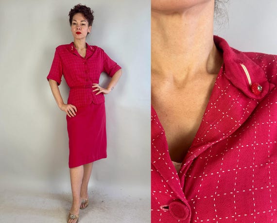 1940s Rosamund's Raspberry Frock | 40s Red Peplum Waist Volup Cotton Linen Collared Secretary Dress with Self-Belt | Extra Large XL