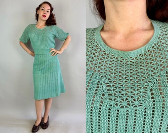 1930s Summer Cruising Crochet Set | Vintage 30s Seafoam Green Cotton Crocheted Lacey Open Work Top and Skirt Ensemble | Extra Large XL