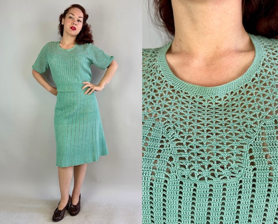 1930s Summer Cruising Crochet Set | Vintage 30s Seafoam Green Cotton Crocheted Lacey Open Work Top and Skirt Ensemble | Extra Large XL
