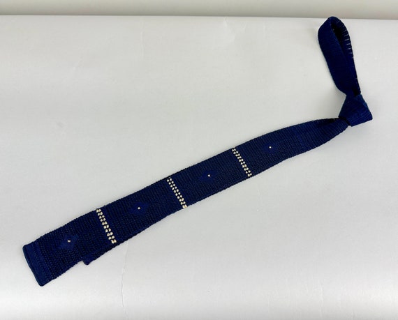 1930s Sparkling Blue Diamonds Necktie | Vintage 30s Navy Blue Rayon Knit Self Tie with White Stripes and Diamond Pattern