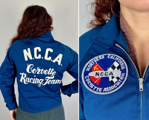 1980s "Northern California Corvette Association" Racing Jacket | Vintage 80s Blue Cotton Zip Up w/White Chain Stitch Embroidery | Medium