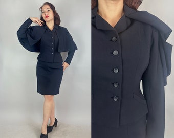 1940s Betsy goes to Beauxbatons Suit | Vintage 40s Three Piece Navy Blue Wool Jacket and Pencil Skirt w/Detachable Capelet Ensemble | Small