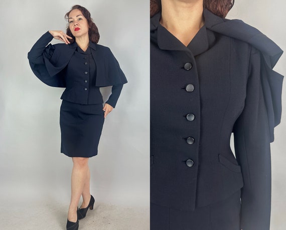 1940s Betsy goes to Beauxbatons Suit | Vintage 40s Three Piece Navy Blue Wool Jacket and Pencil Skirt w/Detachable Capelet Ensemble | Small