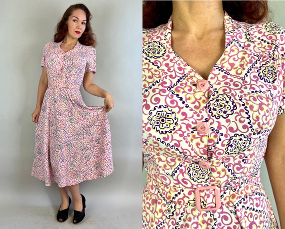 1940s Dandy Day Dress | Vintage 40s White Pink Purple Charteuse Swirl Motif Rayon Frock with Padded Shoulders and Matching Belt | Medium