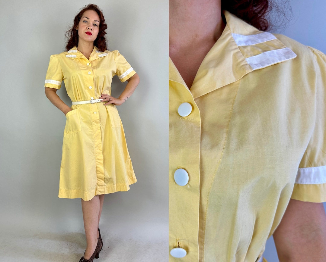 ワンピース 1940-50s Yellow french sleeve dress 1930s Diner Donna Dress | Vintage 30s Canary Yellow Cotton