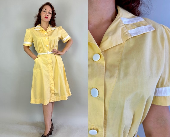 1930s Diner Donna Dress | Vintage 30s Canary Yellow Cotton Shirtwaist Waitress Frock with White Trim Puff Sleeves & Pockets | Extra Large XL