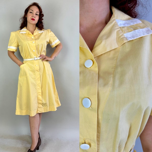 1930s Diner Donna Dress | Vintage 30s Canary Yellow Cotton Shirtwaist Waitress Frock with White Trim Puff Sleeves & Pockets | Extra Large XL