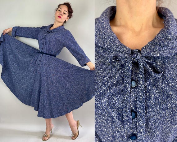 1950s Flecked Out For Fun Frock | Vintage 50s Blue with Slubby White Flecks Rayon Tweed Button Up Dress with Full Skirt | Extra Large XL