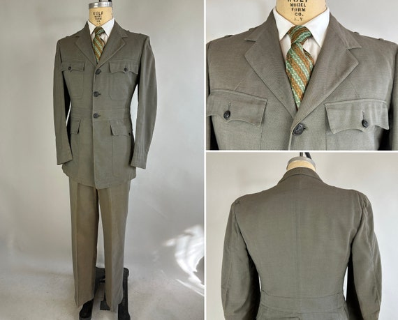 1930s Palm Beach Suit | Vintage 30s Sage Grey Green Two-Piece Belted Back Jacket and Pants Uniform | Size 38/40 Medium Long/Tall