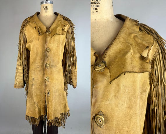 1800s On the Fringe Frontiersman Jacket | Antique Vintage Wild West Golden Leather Pioneer Coat w/Antler Buttons and Flap Collar | Large XL