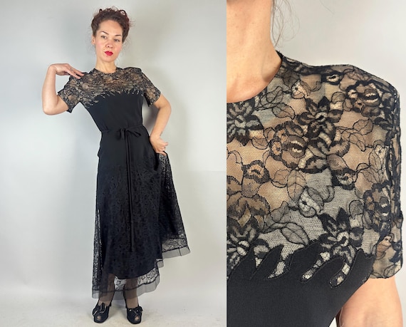 1940s Natalie in Noir Cocktail Dress | Vintage 40s Black Lace and Rayon Nude Illusion Flame Bodice and Net Trimmed Skirt Gown | Medium/Large
