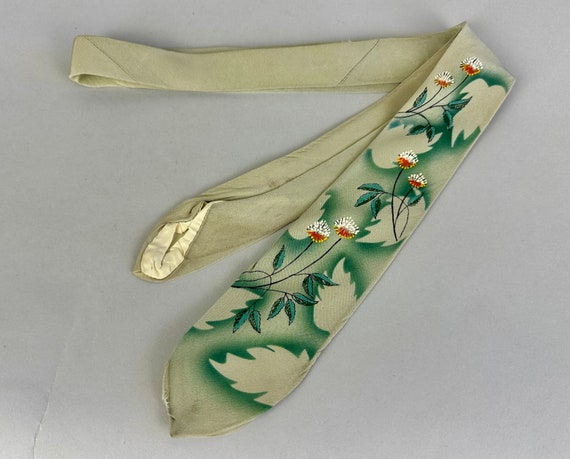 1950s Hand Painted Flowers Necktie | Vintage 50s Winter Floral Sprigs in Turquoise Green with White Orange & Yellow over Fern Silk Self Tie