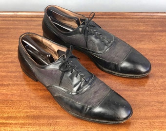 1940s Ventilated Mens Shoes | Vintage 40s Black Apron Toe Oxford Leather Summer Shoes with Nylon Mesh by "Knapp" | Size 13.5 13&1/2