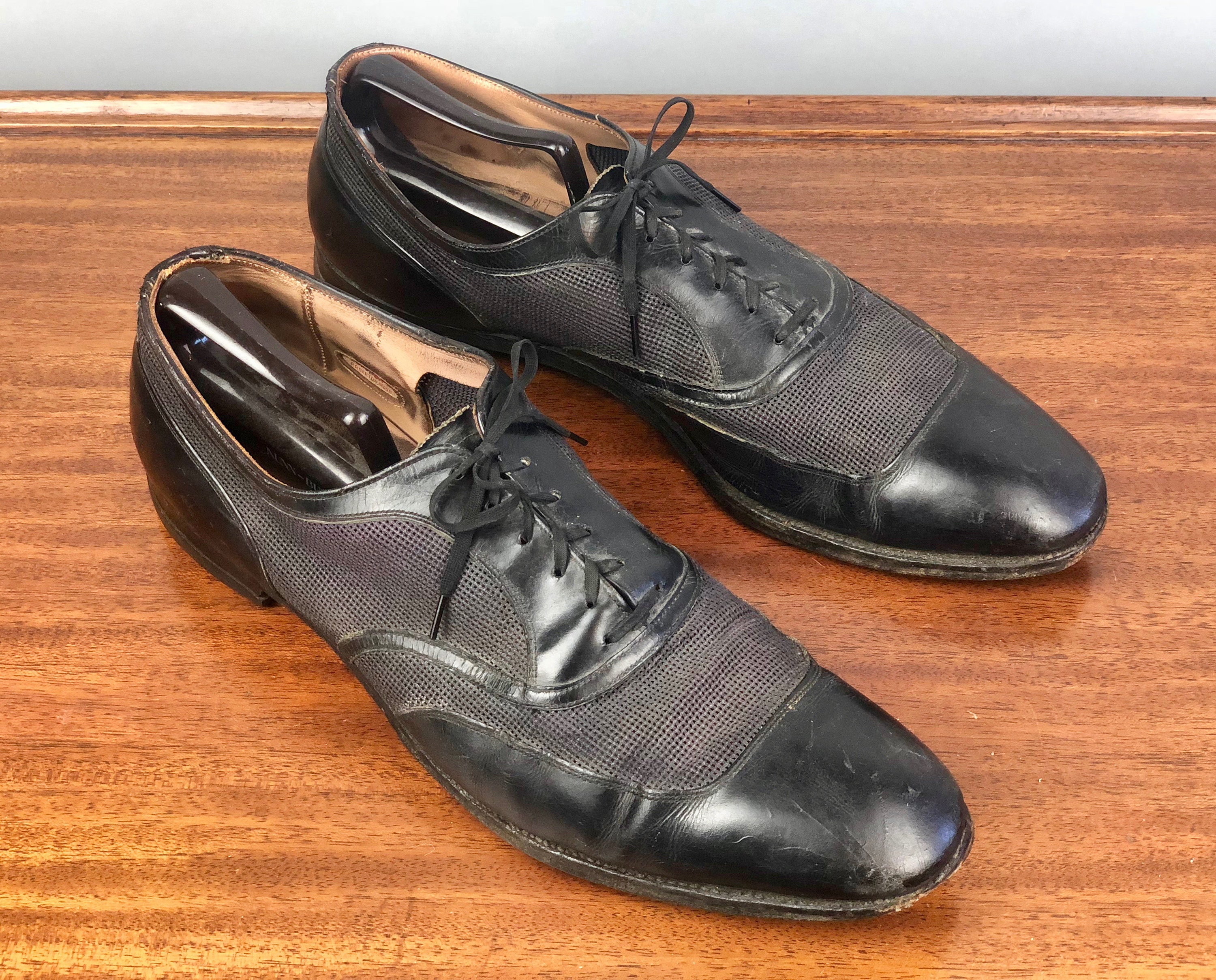 1940s Ventilated Mens Shoes, Vintage 40s Black Apron Toe Oxford Leather  Summer Shoes with Nylon Mesh by Knapp