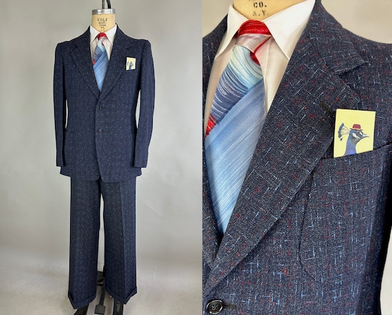 1940s Flecked And Fancy Free Suit | Vintage 40s Blue Wool Two-Piece with Crimson and Sky Blue Flecks Pants & Jacket | Size 38 Medium