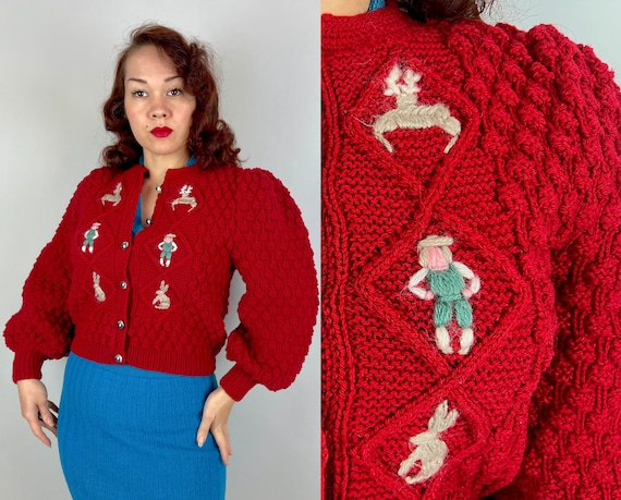 1930s Lydia's Lovely "Lanz" Cardigan | Vintage 30s Bubble Knit Red Wool Button Up Sweater with Balloon Sleeves & Novelty Embroidery | Medium