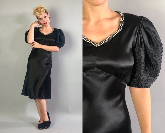 1930s Rhinestone Trimmed Satin Dress | Vintage 30s Black Silk Satin Cocktail Evening LBD w/Sweetheart Neckline & Elaborate Sleeves | Small