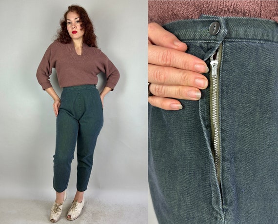 1950s Dance Around the Clock Cigarette Pants | Vintage 50s Off Black Denim Cotton High Waisted Tapered Jeans Trousers w/Side Zipper | Small