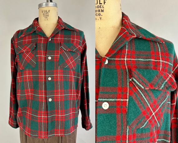 1940s Woodsman Wallace Shirt | Vintage 40s Wool Flannel Green and Red Plaid Button Down Camp Top with Pockets | Extra Large XL