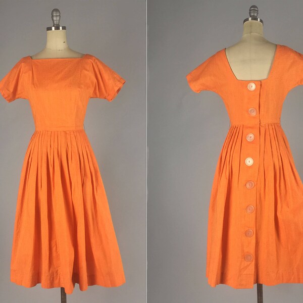 Vintage 1950s Dress | 50s Sunset Orange Slubby Cotton Button Back Day Dress - A Tangerine Textural Sensation! | Extra Small XS