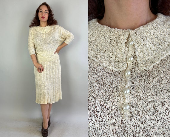 1950s Winnie’s Wonderful Winter White Dress Set | Vintage 50s Two Piece Rayon Boucle Lacey Knit Sweater Top and Skirt | Large Extra Large XL