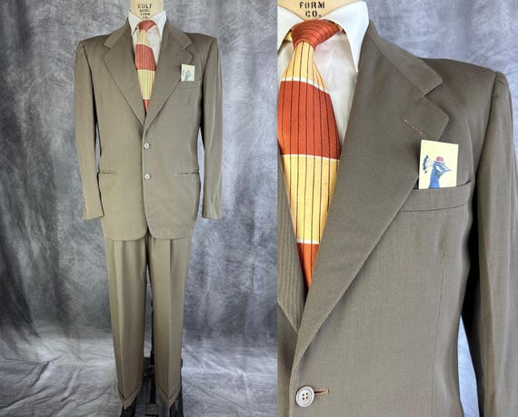 1940s Ambitious Adam Suit | Vintage 40s Grey Taupe Wool with Beige Top Stitching Two Piece Jacket and Trousers Set | Size 40 Medium