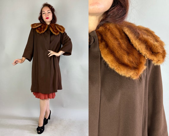 1950s Foxy Franny's Coat | Vintage 50s Chocolate Brown Wool Swing Overcoat with Fox Fur Collar Pleated Stripes and Pockets | Medium Large