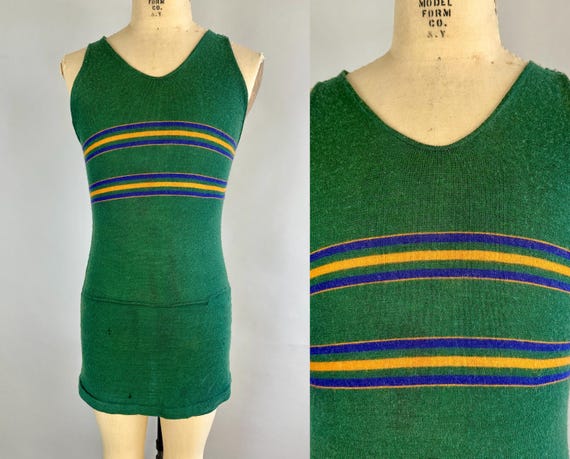 1920s Soaking with Seaweed Swimsuit | Vintage Antique 20s Green Wool Knit with Yellow and Blue Stripes Bathing Suit Swimwear | Medium Large