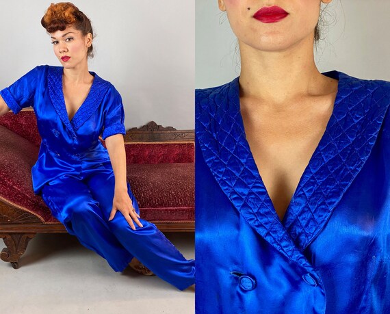 1940s Sassy Satin Snooze Set | Vintage 40s Cobalt