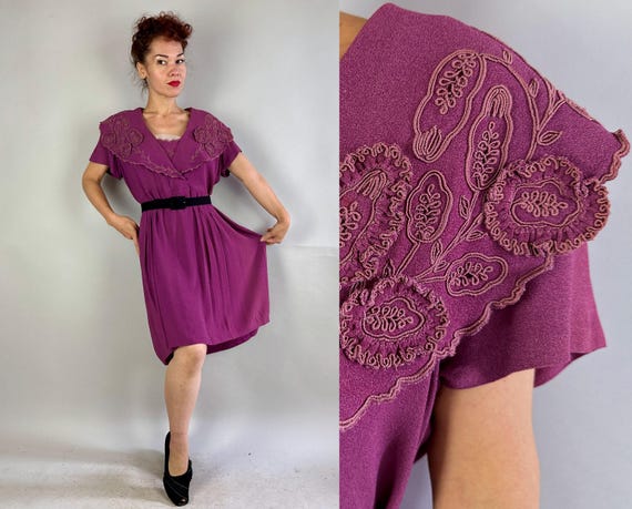 1940s Passionate Plum Dress | Vintage 40s Purple Rayon Crepe Frock with Large Shawl Collar and Floral Soutache and Applique | Extra Large XL