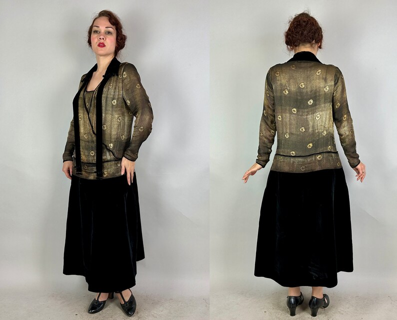 May include: A vintage 1920s dress with a gold and black patterned sheer top and a black velvet skirt.