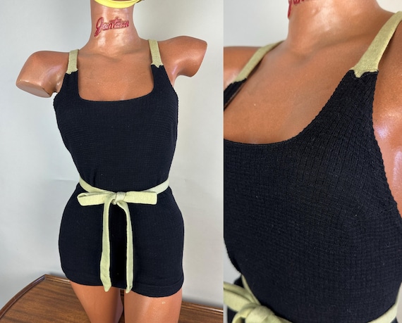 1930s Waffles On The Water Swimsuit | Vintage 30s Black Textured Checks Knit Wool Bathing Suit w/ Mint Green Straps & Belt | XS Small Medium