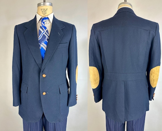 1930s Style Belted Back "Pendleton" Jacket | Vintage 70s Does 30s Navy Blue Wool Sport Coat w/Action Back & Suede Patches | Size 40 Medium