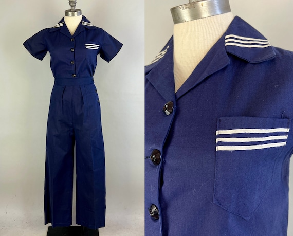 1930s Riveting Riveter Ensemble | Vintage 30s NOS Blue Cotton Shirt and High Waisted Side Button Trousers w/ White Stripes | Extra Small XS